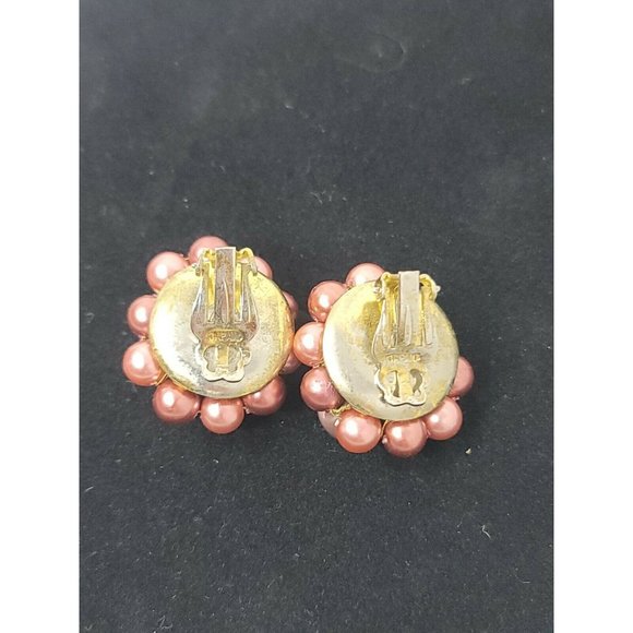 Vintage Clip On Japan Burgandy Brown Faux Pearl Bead Round Earring Set Gold Tone - Picture 7 of 12